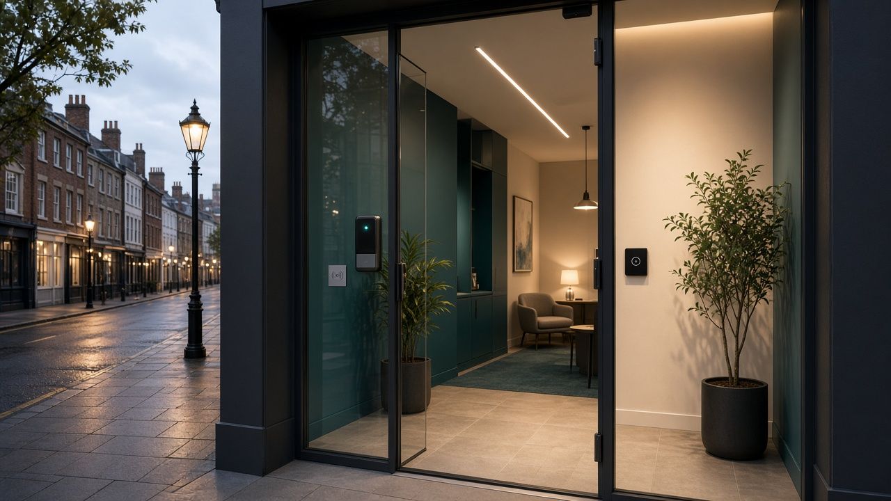 Concept visual of a suggested entrance with an automated phone and key card entry reader on the door, lockers and a bench