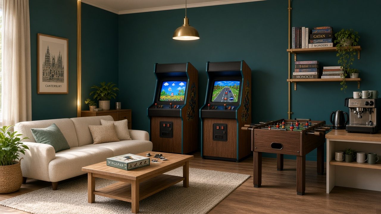 Concept visual: a calm break room with two retro arcade cabinets, a cream lounge sofa, table football, a shelf of board games and books, and a tea and coffee station