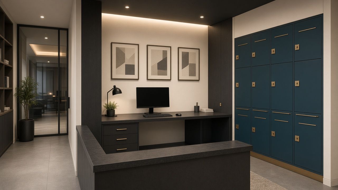 Concept visual: a dedicated desk with monitor beside a wall of lockable teal lockers