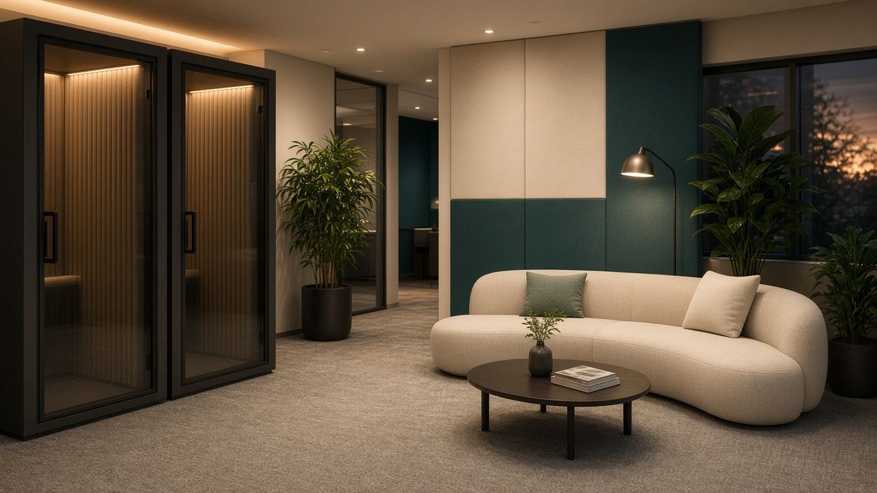 Concept visual: glass phone booths and a soft lounge sofa in a calm, warmly lit room