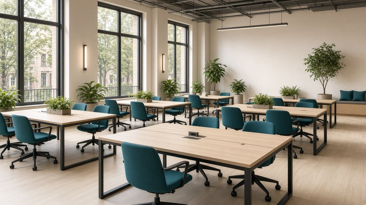 Concept visual: bright open-plan hot-desking area with oak desks, teal chairs and plants